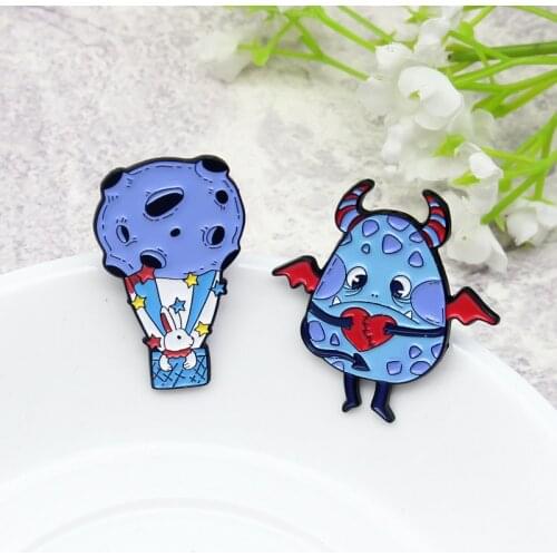 Sad Blue Little Devil Metal Brooch Pin Japanese and Korean Cartoon Sitting Hot Air Balloon Bunny Badge Good Friends Gift Jewelry