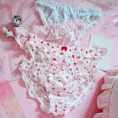 Kawaii Cute Girls Plaid Panties Briefs Womens Underwear Daily Wear Yarn/ Milk Silk Lace Ties Bow Pantsu Strawberry