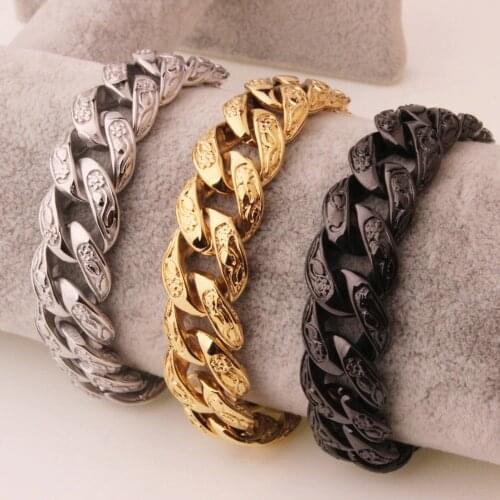 Top Sale Design High Quality Stainless Steel Silver Color/Gold/Black Flower Shape Cuban Chain Mens Bracelet Bangle Cool Jewelry