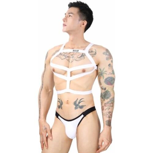 Mens Harness Thongs Set Body Chest Belt G-string Lingerie Man Halter Neck Hollow Out Nightclub Costume