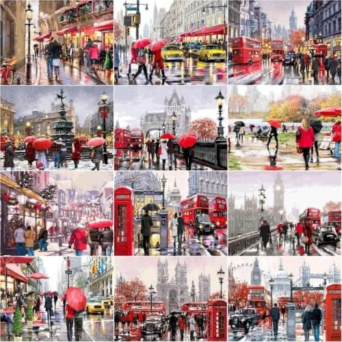 GATYZTORY DIY Oil Paint Paint By Numbers Paris Flower Street Bus Kit On Canvas Wall Art Home Decor Digital Painting Home Decor