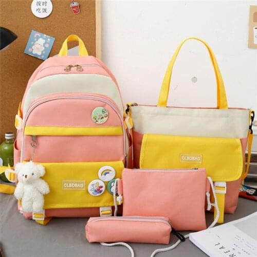 4Piece Set Kawaii Schoolbags for Teenage Girls Women Backpack 2021 Canvas Travel Back pack Student notebook Bookbags Schoolbag50