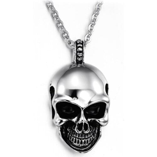 New Arrival Skull Necklaces Pendants for Men Skull Pendant Necklace Chain Black Leather Chain Retro Skull Silver Color Punk Neck