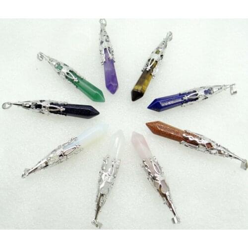 New Product Jewelry Silver Color Faceted Natural Stone Quartz Crystal Lapis Pendulum Hexagon Pendant Necklace Pendant