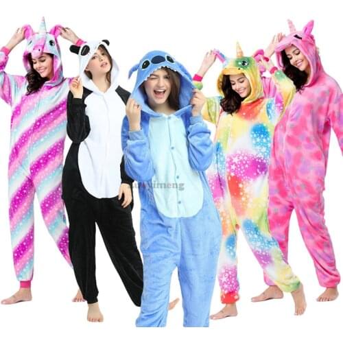 Cute Cartoon Animal Stitch Pajamas Hooded Unicorn Pyjamas Winter Panda Kigurumi Overalls Women Men Nightwear Onesie For Adults