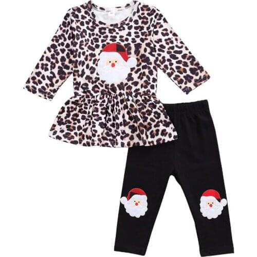 Pudcoco Christmas 2 Piece Top Pants Suit Full Length Regular Sleeve Leopard Santa Claus Printed Round Neck Skirt-like Sets