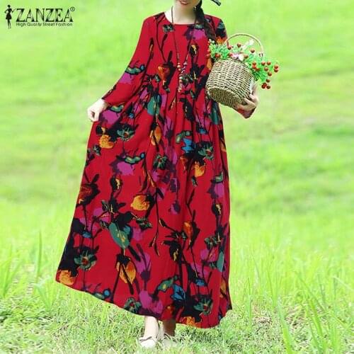 Oversized ZANZEA Women Vintage Floral Sundress Spring Bohemian Printed Maxi Long Dress Casual Long Sleeve Loose Vestidos Kaftan