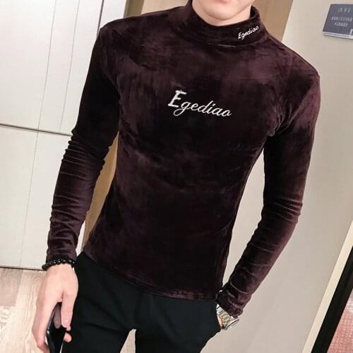 Streetwear M-3XL 2020 Embroidery Velvet Shirt Men Turtleneck Long Sleeve T Shirts Tees Casual Slim Tops Hip Hop Social