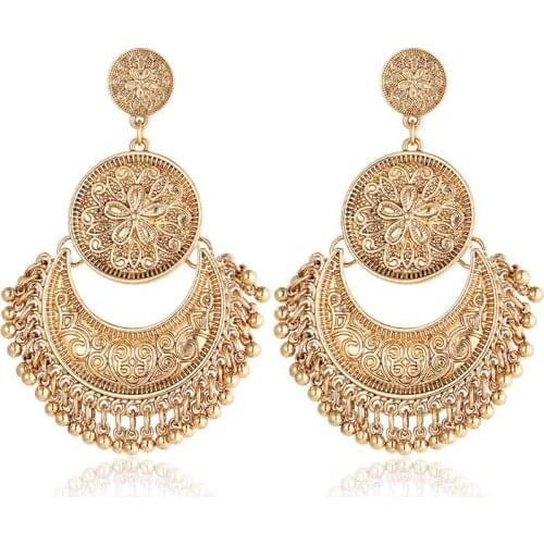 Vintage Baroque Gold Color Big Flower Drop Earrings for Women Metal Carved Tassel Peandant Jewelry Punk Beads Earring Jewelry