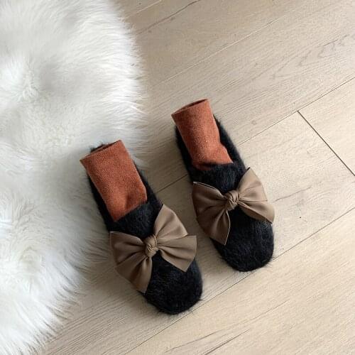 High Quality Pompon Furry Loafers Comfortable Winter Butterfly-knot Flat Shoes Women Warm Ladies Shoes Sapato Feminino W36-44