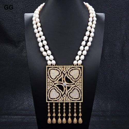 GuaiGuai Jewelry 22" 2 Strands White Rice Pearl Necklace Big Square CZ Pendant