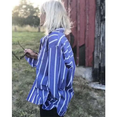 2020 AW Blue White Striped Shirt Drop Shoulder Long sleeves Classic Cuffs oversized top Woman blouse High Quality