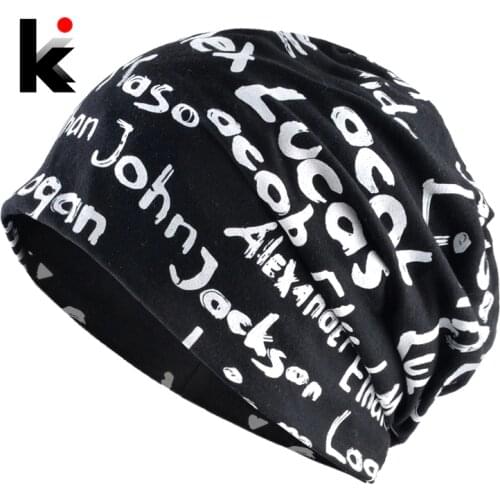 Womens Beanie Hat Spring Cotton Print Letter Hats for Men Autumn Bonnet Fashion Hip Hop Skullies Beanies Black Unisex Gorras