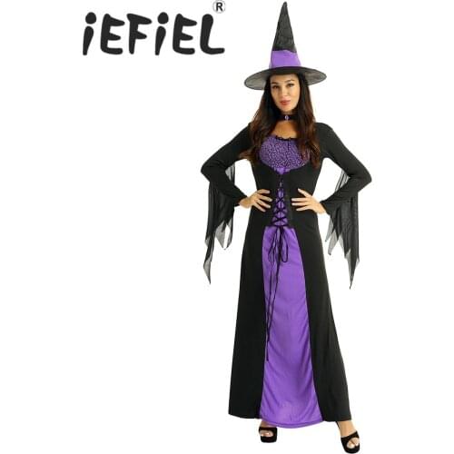Women Halloween Cosplay Costumes Witch Women Dress Long Sleeve Ghost Skeleton Printed Lace Up Classic Dress with Pointed Hat