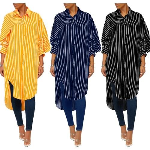 Women Stripe Long Dress Long Sleeve Turn-down Collar Casual Dress Single-breasted Asymmetry Fashion Dress Summer New Arrivals