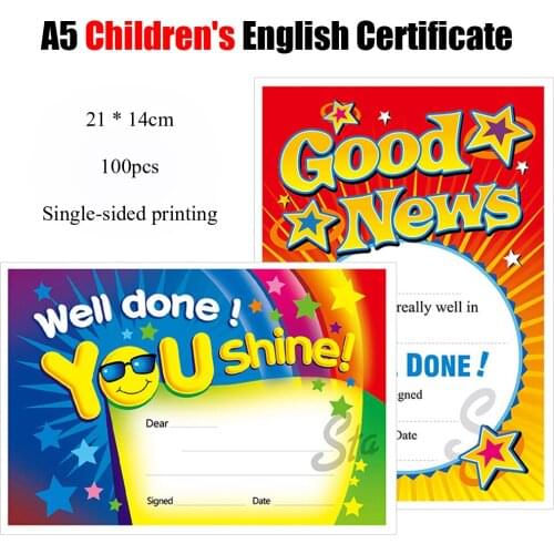 100 Pcs/Lot A5 Quality English Children Award Certificates Print Paper Subject Letter for Appreciation Kindergarten Student