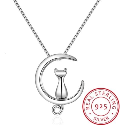 BAC26 925 Sterling Silver Necklace For Women Moon Kitten Cat Necklaces & Pendants Link Chain Kolye Wedding Party Girls Jewelry