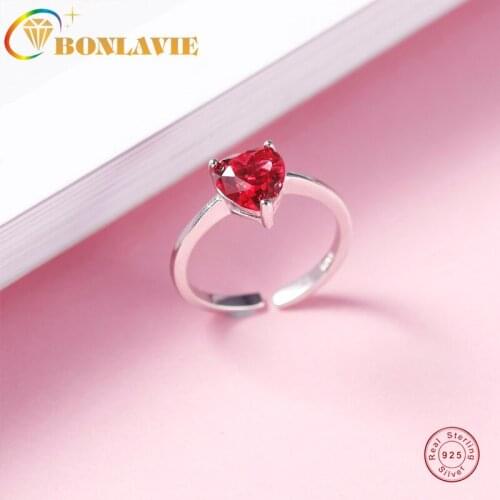 BONLAVIE S925 Sterling Silver Heart Ring with Adjustable Opening Red Corundum Peach Heart Ring