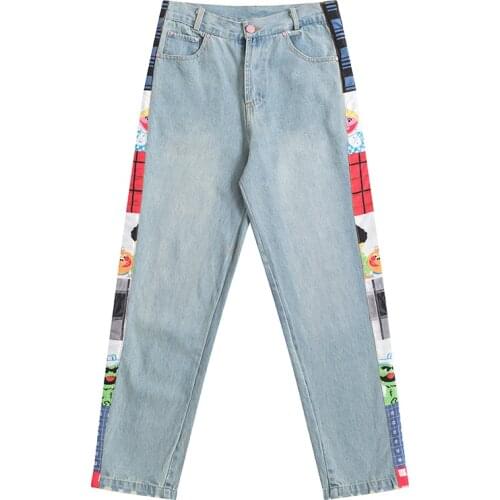 New Womens Hot Sale Retro Jeans Full Length Side Print Sesame Street Pattern Ladies College British Wind Denim Trousers Hole