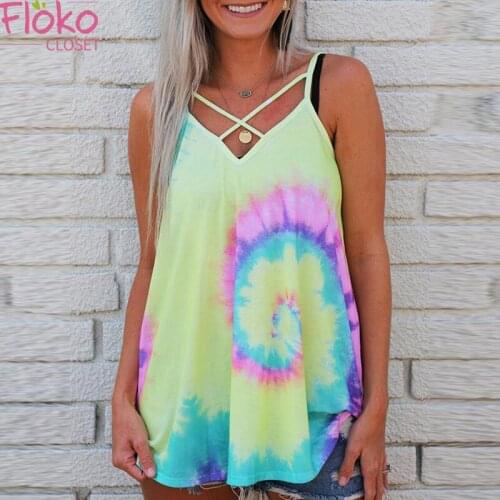 Flokocloset Tie Dye Print V-Neck Sleeveless Camisoles Casual Spaghetti Strap Tank Tops Summer Streetwear Vest