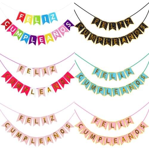 Spanish Happy Birthday Paper Bunting Banner Gold Letter Flags kids Birthday Party Decor Banner Baby Shower Decoration Supplies