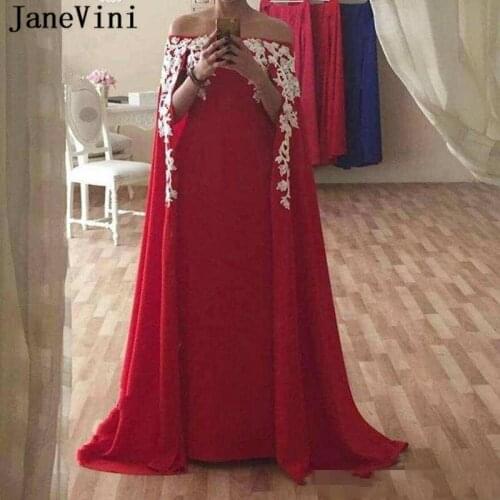 JaneVini Elegant Muslim Red A Line Evening Dress Off Shoulder Lace Appliques Chiffon Saudi Arabic Plus Size Women Party Dresses