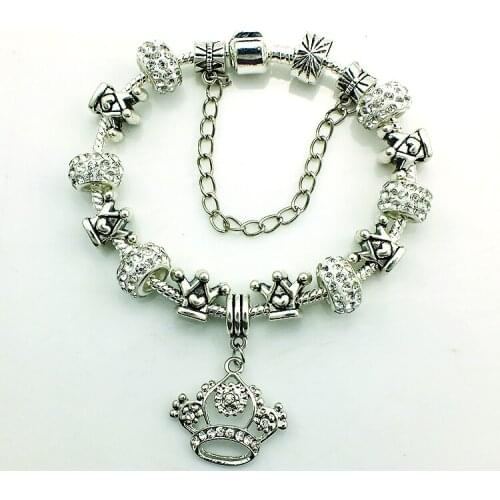 JINGLANG Fashion Silver Plated Link European White Rhinestone Beaded Infinity Crown Charms Bracelets For Women DIY Jewelry