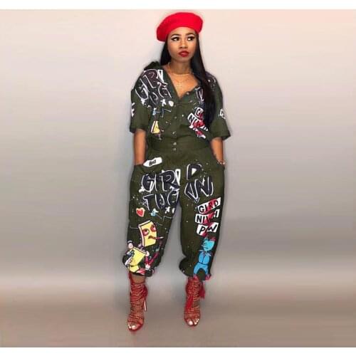 Sexy Letter Print Front Open Turndown Collar Half Sleeve Jumpsuit Romper Women 2020 Spring Summer Plus Size Casual Woman Overall