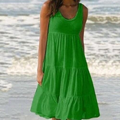 50% Hot Sales Beach Summer Loose Pleated Sundress Women Solid Color Sleeveless Midi Dress