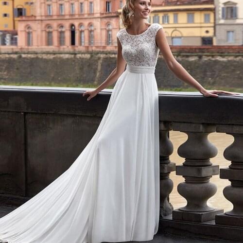 Fashion Custom Made Beach Wedding Dresses 2021 Scoop Lace Top Chiffon A-Line Long Bridal Gown Bohemian Beach Boho