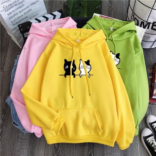 Fashion Hoodies Hooded Sweatshirts Women Cartoon Kitten Long Sleeve Pockets Pullovers Autumn Winter Girl Couple Plush Tracksuits