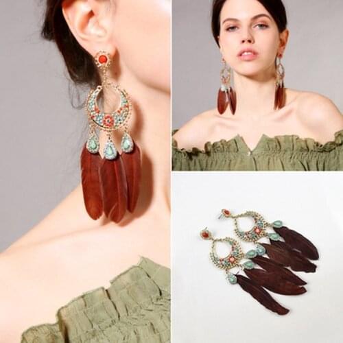Fashion Vintage Moon Water-drop With Red Blue Green Coloured Rhinestones Charms Eardrop Big Long Brown Feather Drop Earrings