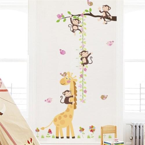 Cute Monkey Giraffe Birds Animals Growth Chart Wall Sticker Decals For Kids Room Kindergarten Home Decoration Diy Tree Mural Art