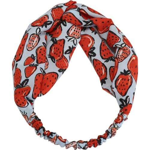 New Women Spring Soft Strawberry Print Headbands Vintage Cross Knot Elastic Hairbands Bandanas Girls Hair Bands Hair Accessories