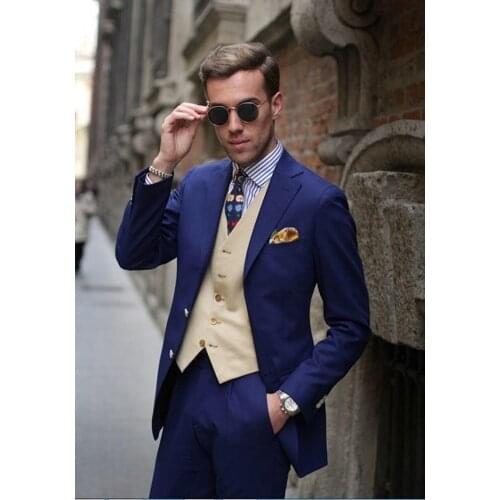 New Arrival 2021 Navy Blue 3 Pieces Groom Tuxedos Groomsmen Mens Wedding Suits Prom Dress Casual Men Suits (Jacket+Pants+Vest)