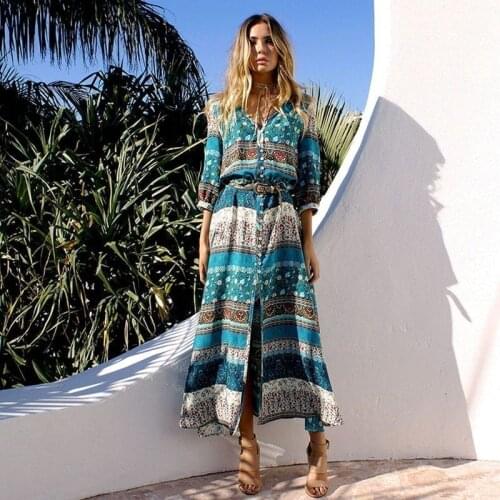 New Arrivals Beach Cover up Rayon Print Swimwear Ladies Saida de Praia Beach Long Dress Tunic Women Kaftan Robe de Plage #Q135