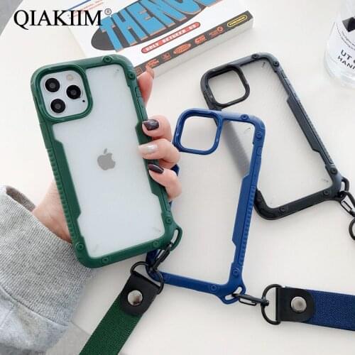 Shockproof Armor Phone Case For iPhone 12 11 Pro Max XS XR X 7 8 6 Plus Transparent Matte Carbon Fiber Anti-Shock Lanyard Cover