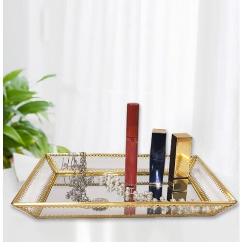 Rectangle Gold Mirror Organizer Jewelry Tray Jewelry Tray Perfume Tray Dresser Tray Glass Metal Makeup Tray for Bathroom