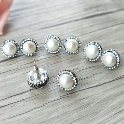 Wholesale 5 Pairs Nature Freshwater Pearl Stud Earrings,12 -13mm,with Crystal Zircon Paved Stud Earrings,Jewelry Earrings ER271A