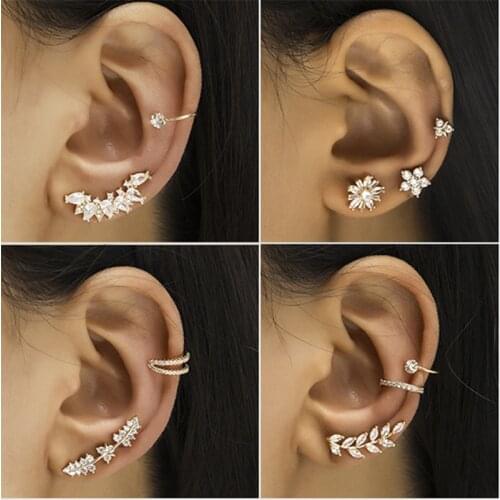 New Star Ear Clip Leaf Flower Sunflower Geometric Pearl Zircon No Pierced Earring Set Jewelry Gift