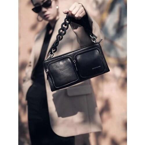 Genuine leathe Multiple pockets bags Use on both sides messenger bags real cow leather Coarse chain shoulder bag