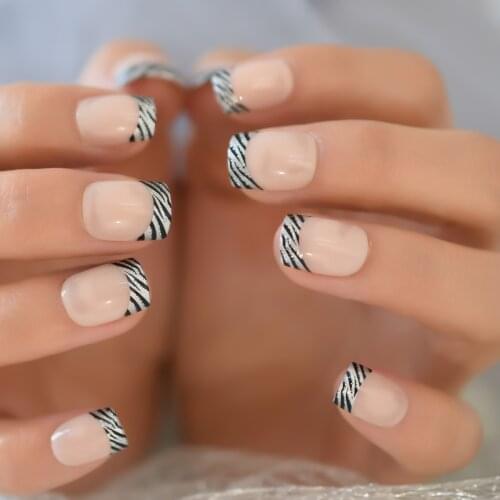 Flesh-colored French False Nail Silver Glitter Fingertip Decoration Press-On Gel Nails Manicure Healthy Short Nail Art