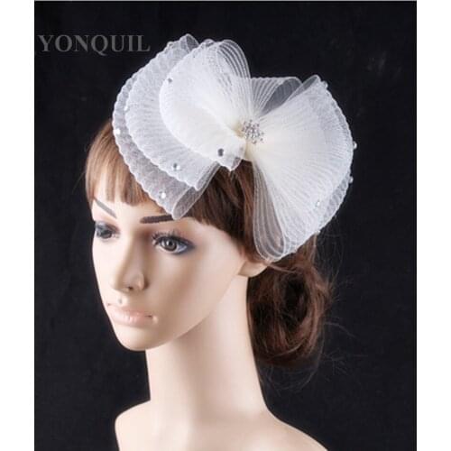 Women Vintage Ivory and White Bow Headpiece Hats Fascinator with Jewel Adorned Hair Accessories for Wedding Derby Races Headwear