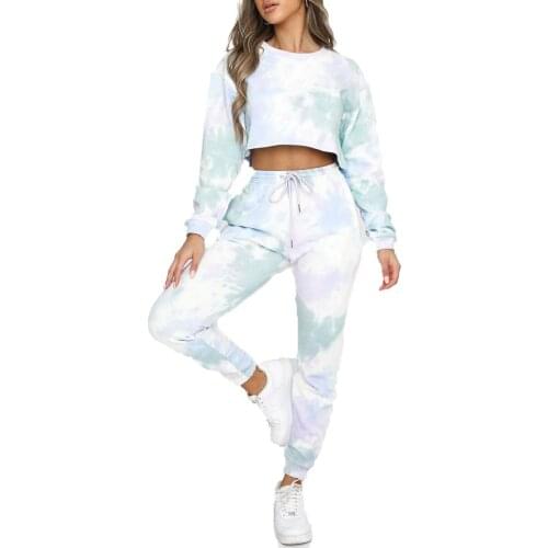 2 Pieces Suit Set, Women’ s Tie-Dye Print Round Neck Long Sleeve Crop Top+ Trousers, S/M/L/XL/XXL