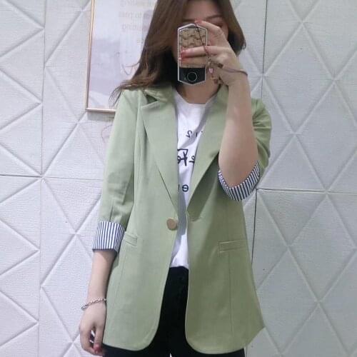Women 2021 Spring Summer Chic Loose Blazers Female One Button Suit Jacket Office Lady Three-Quarter Sleeve Elegant Outerwear S54