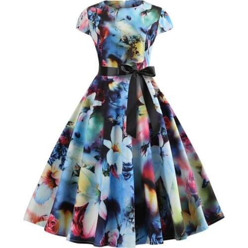 Women Retro Vintage Dresses Summer Hepburn 50s 60s Rockabilly Floral Print Bow Pinup Ball Grown Party Robe Plus Size Vestidos
