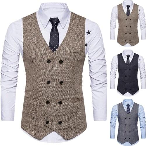 Vintage Suit Vest Men Formal Dress Vest Men Fitness Sleeveless Jacket Double-breast Herringbone Twill Waistcoat Business Vest