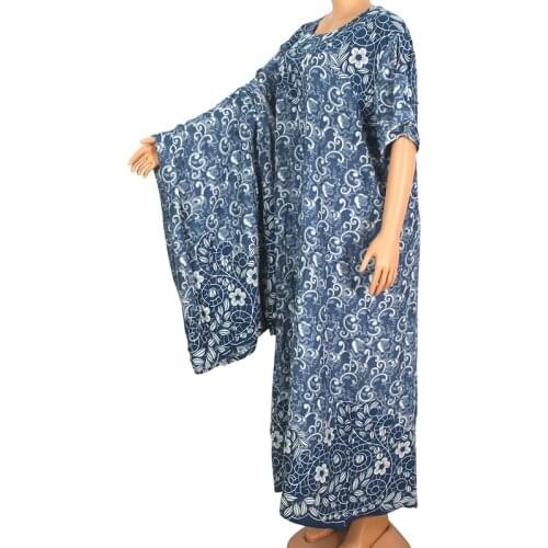 2020 Dashikiage African Blue 100% Cotton Floral Print Short Sleeve O-Neck Maxi Dress Summer Fashion African Dress For Women