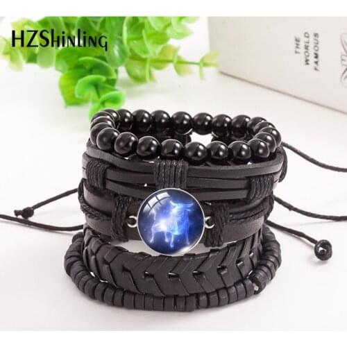 5pcs 12 Zodiac Cancer Taurus Gemini Multilayer Weave leather Bracelet Pendants Charm Bracelet Men Women Fashion Bracelet Jewelry