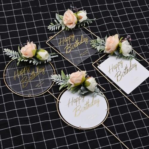 Happy Birthday Acrylic Cake Toppers with Flower White Black Cake Flags Birthday Party Creative Dessert Cake Topper Decoration.75